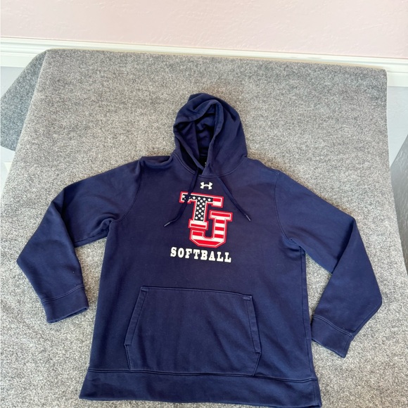 Under Armour Pullover Hoodie Fleece Men XL USA Flag Patriotic Blue Softball Texa - Picture 2 of 10
